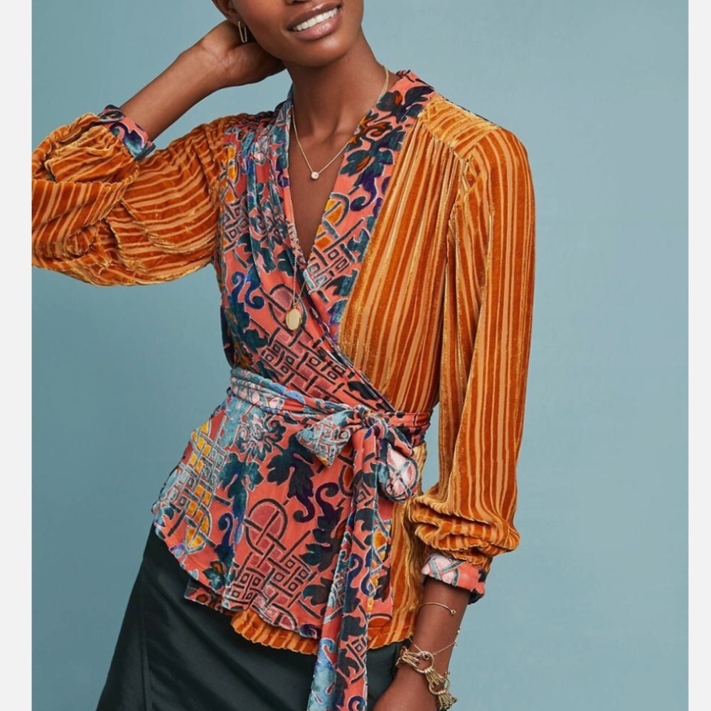 Anthropologie Moulinette Soeurs Velvet Wrap Burnout Patchwork Top Blouse Size XS
